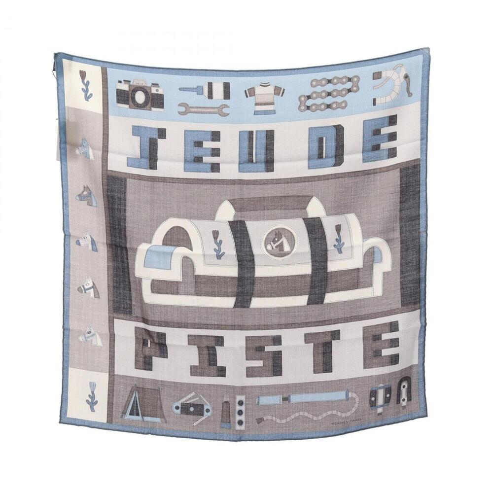 Hermes Carre 65 Jeu de Piste scarf, silk and cashmere, women's, gray blue tones.